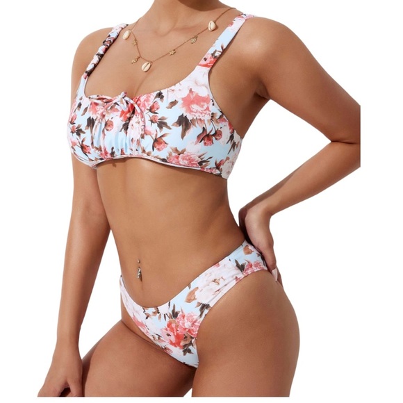 Cider Romantic Tie Front Floral Bikini Sz Small Blue Coral - Picture 1 of 9